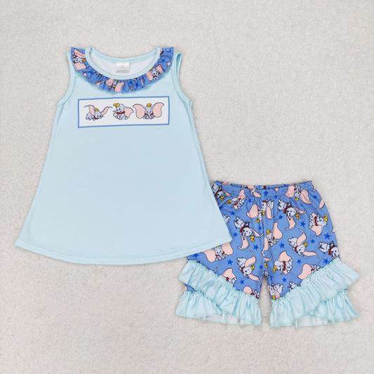 GSSO1203 Cartoon elephant blue lace sleeveless shorts suit