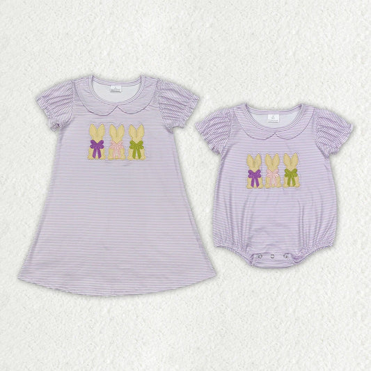 Sibling Baby Girls Lavender Stripes Bunny Rompers Dresses