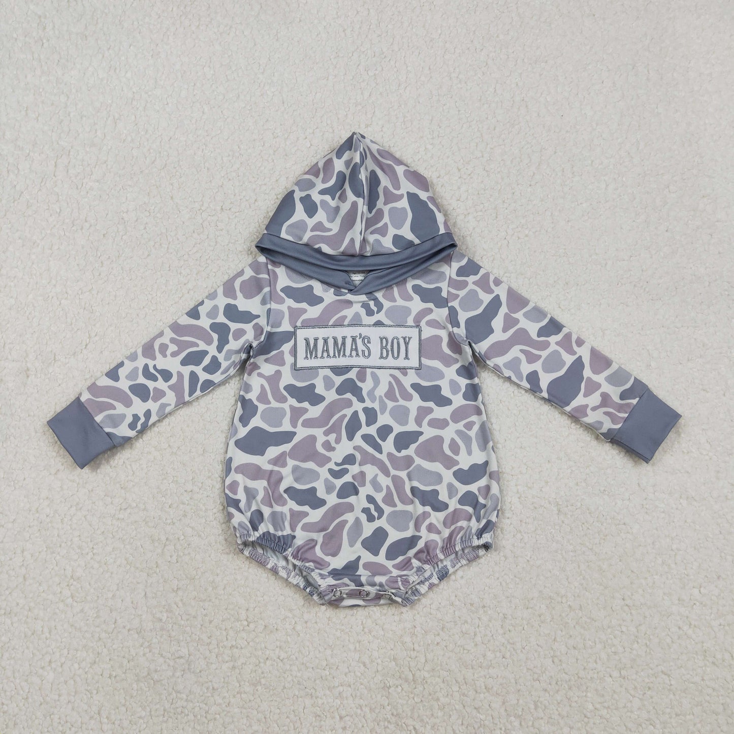 LR2794 Embroidery Baby Boys Grey Camo Mama's Boy Hoodie Romper C11.29