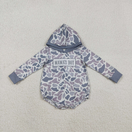 LR2794 Embroidery Baby Boys Grey Camo Mama's Boy Hoodie Romper C11.29