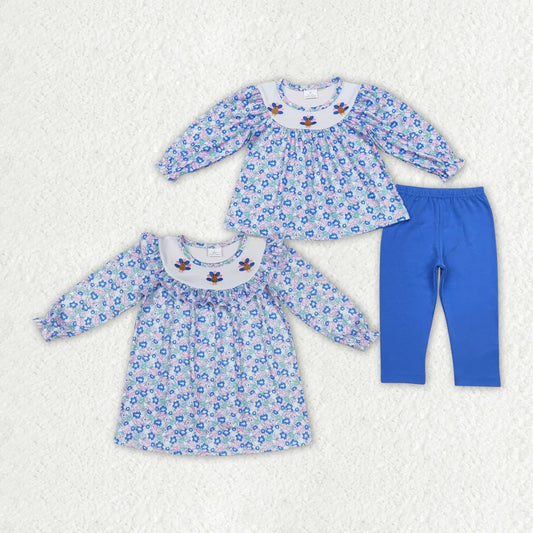 Baby Girls Blue Floral Thanksgiving Turkey Sibling Dresses Clothes Sets