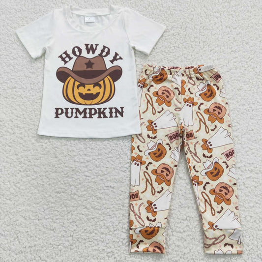 BT0249+P0166 howdy pumpkin White short sleeve boo Cowboy Ghost Pumpkin pantsuit