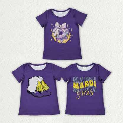 Sibling Baby Girls Purple Short Sleeve Bow Donuts Boots Tassel Mardigras T-shirts Tops C11.8