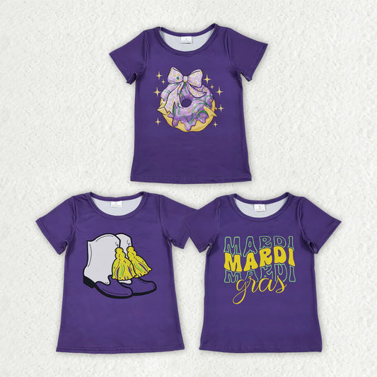 Sibling Baby Girls Purple Short Sleeve Bow Donuts Boots Tassel Mardigras T-shirts Tops C11.8