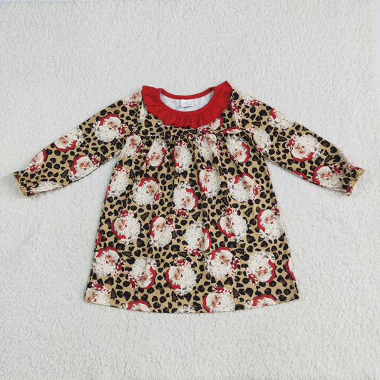 GLD1065 Baby Girls Long Ruffle Sleeves Leopard Santa Knee Length Dress 6.10
