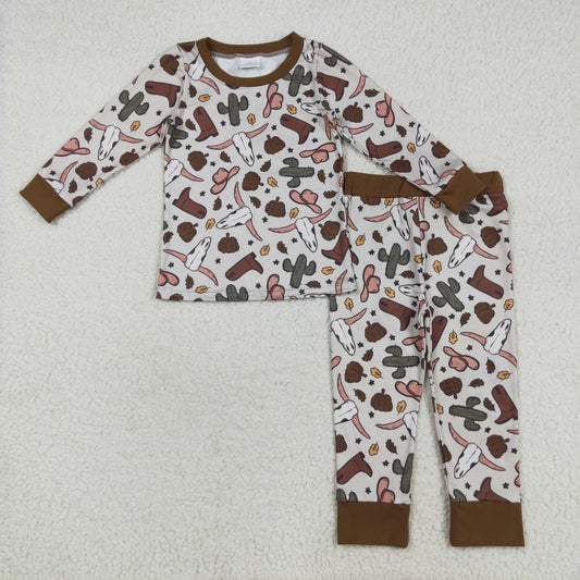 BLP1141 Baby Boys Brown Long Sleeves Bull Skull Cactus Top Pant Pajamas Set 7.25