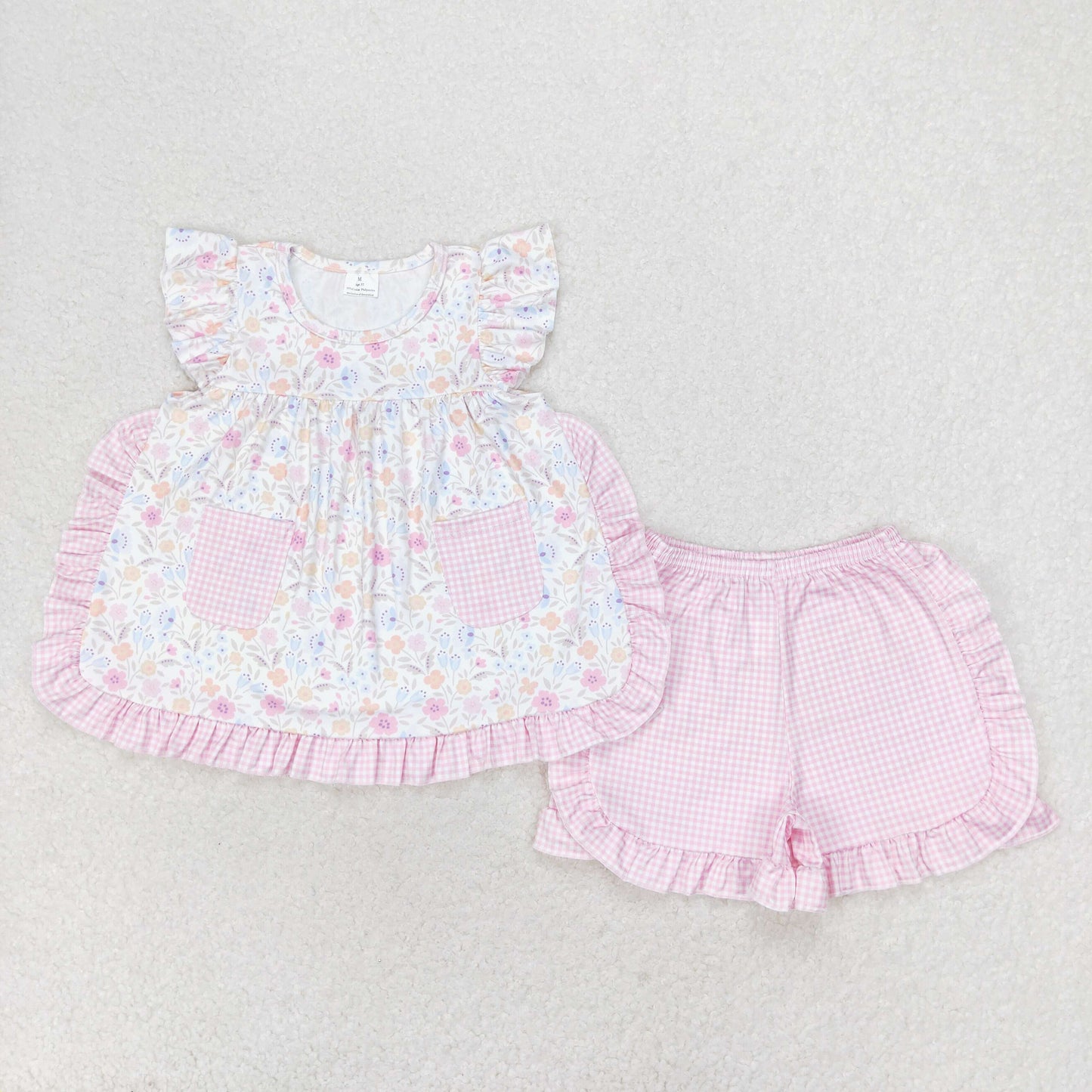 GSSO1057 Floral floral pink plaid pocket flying sleeve shorts set