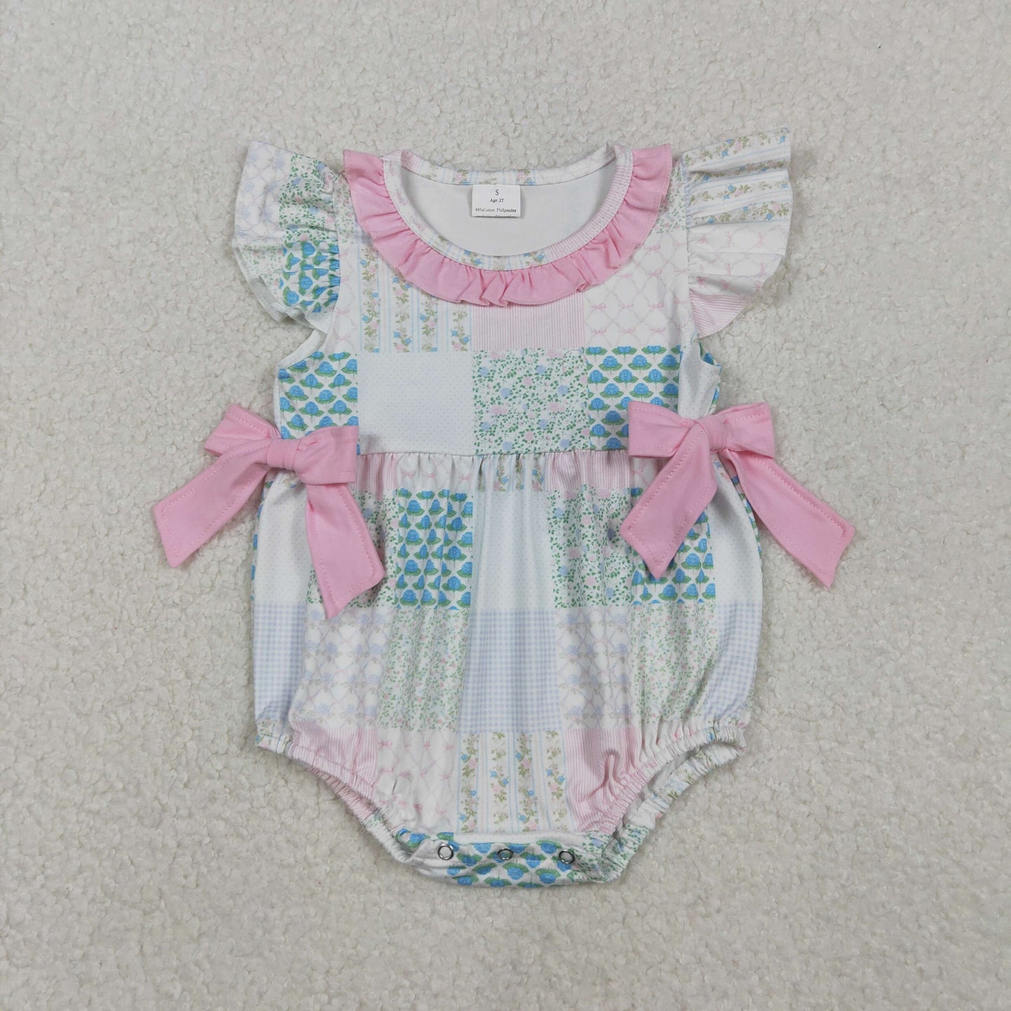 SR3293 Baby Girls Bows Flowers Checked Bows Ruffle Romper C11.6