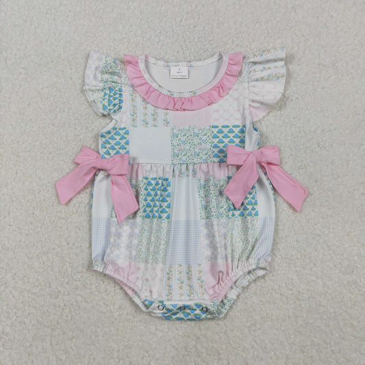 SR3293 Baby Girls Bows Flowers Checked Bows Ruffle Romper C11.6