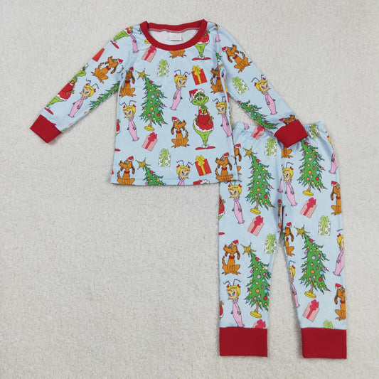 BLP1189 Baby Boys Long Sleeves Christmas Trees Cartoon Face Top Pant Pajamas Set C9.1