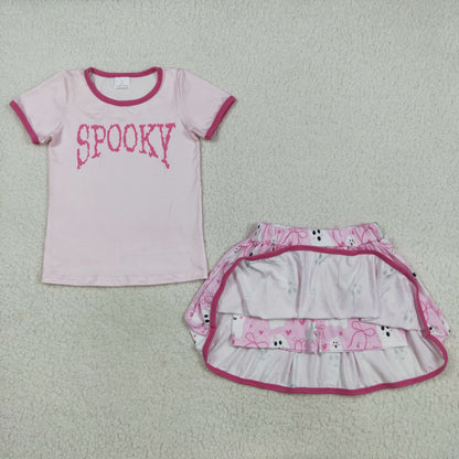 GSD2776 Baby Girls Pink Short Sleeves Spooky Top Ghosts Bows Plaid Skirts Set C8.23