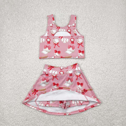 GSD2044 Baby Girls Baseball Bows Athletic Active Wear Top Shorts Skirts Clothes Set 4.18