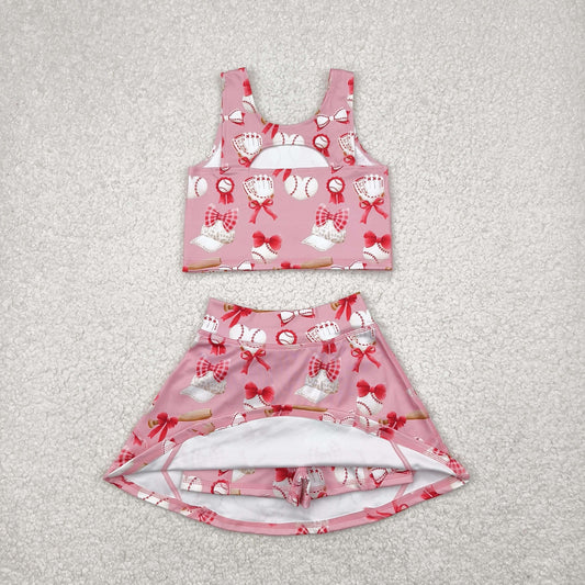GSD2044 Baby Girls Baseball Bows Athletic Active Wear Top Shorts Skirts Clothes Set 4.18