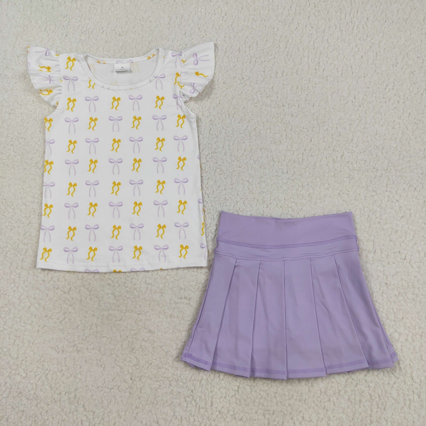 GT1147+GLK0085 Baby Girls Yellow Purple Bows Shirts Top Yoga Pleated Skorts Set C8.20