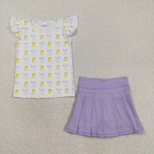 GT1147+GLK0085 Baby Girls Yellow Purple Bows Shirts Top Yoga Pleated Skorts Set C8.20