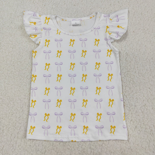 GT1147 Baby Girls Flutter Sleeves Yellow Purple Bows Plaid Tee Shirts Top C8.20
