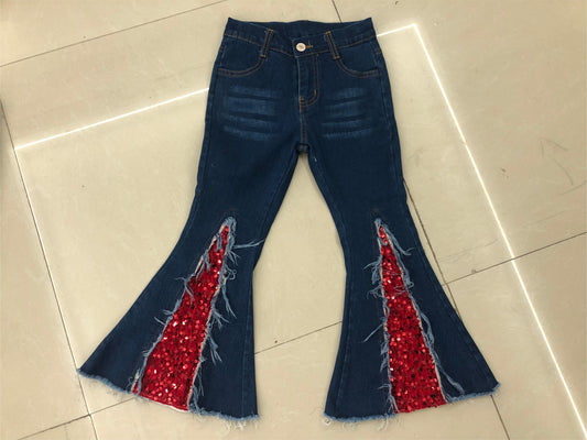 P0532 Dark denim pants with red sequins