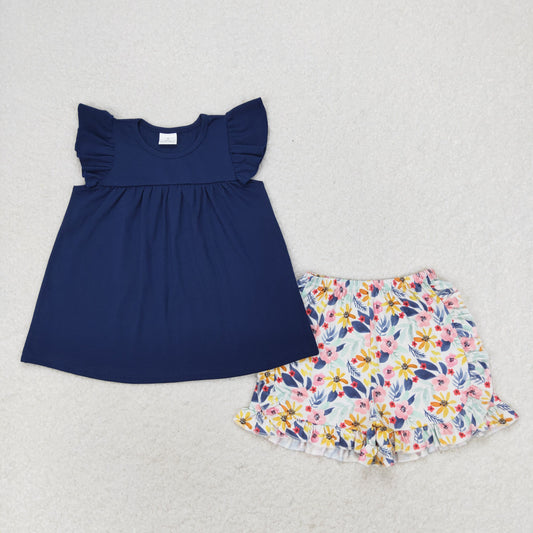 GSSO1296 Solid color dark blue flying sleeve floral shorts set