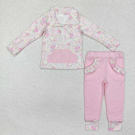 GLP2118 Baby Girls Spring Flowers Pocket Top Legging Clothes Set