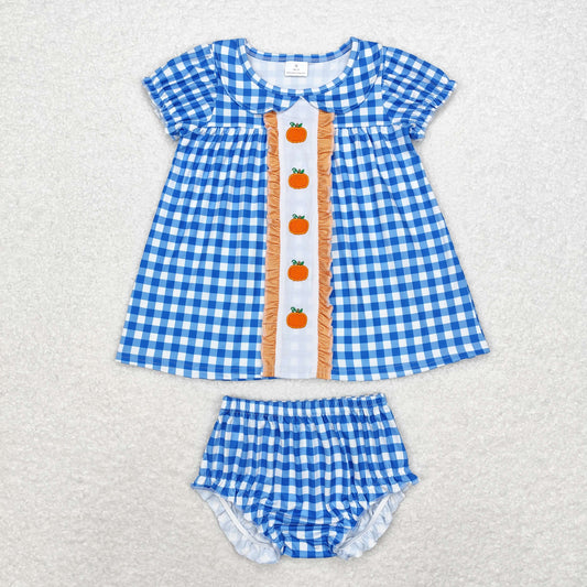 GBO0431 Embroidered pumpkin blue plaid doll collar short-sleeved briefs suit