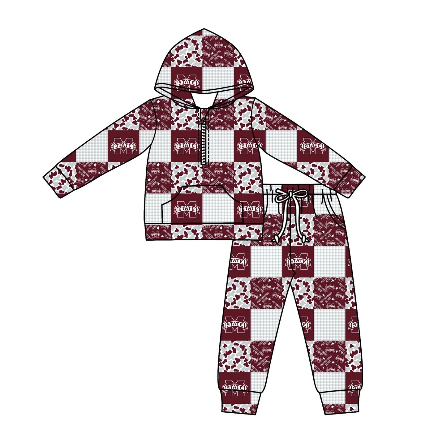 C12.3 Custom Moq 5 Baby Boys Camo M State Checked Zipper Pockets Hoodies Pants Team Clothes Sets