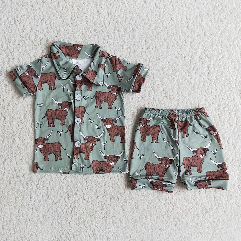 E14-1 Baby boys western cow heifer short sleeve shorts summer button up pajamas set