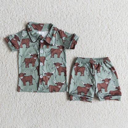 E14-1 Baby boys western cow heifer short sleeve shorts summer button up pajamas set