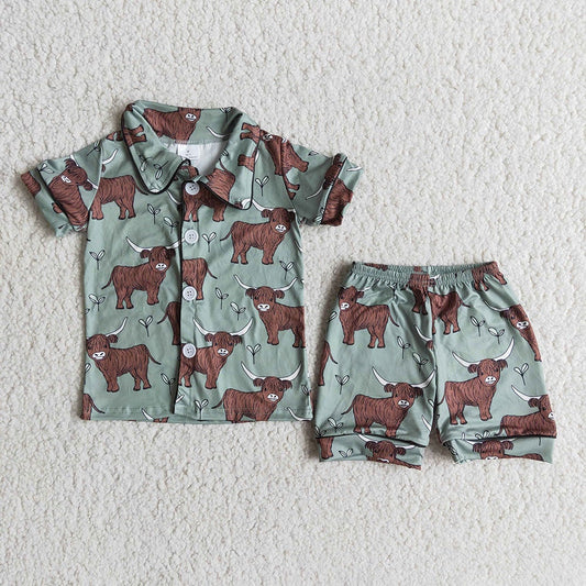 E14-1 Baby boys western cow heifer short sleeve shorts summer button up pajamas set