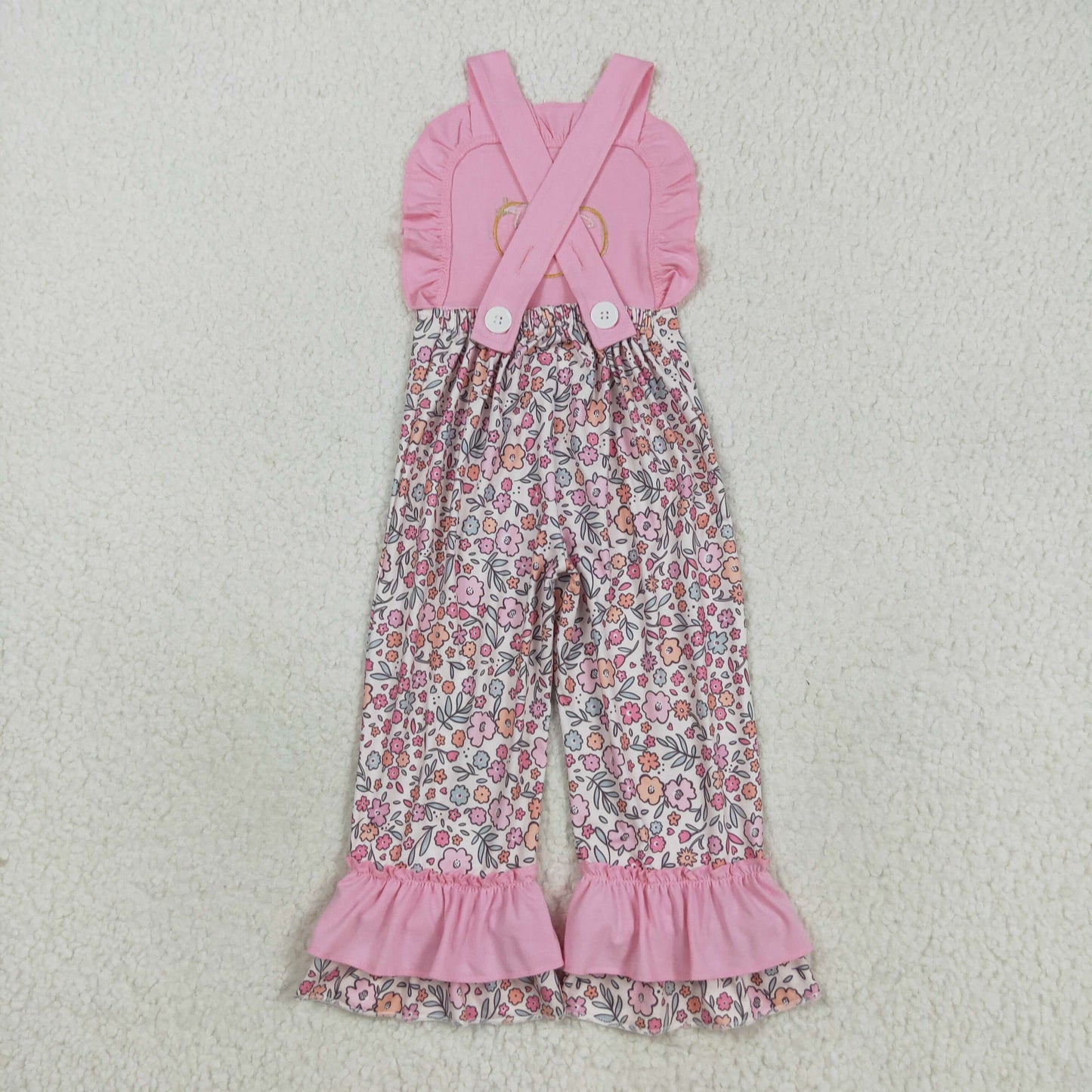 SR3176 Embroidery Baby Girls Pink Strap Bow Pumpkins Floral Ruffle Pant Jumpsuit C8.16