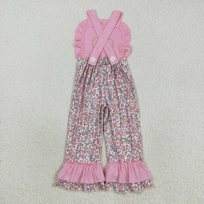 SR3176 Embroidery Baby Girls Pink Strap Bow Pumpkins Floral Ruffle Pant Jumpsuit C8.16