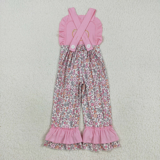 SR3176 Embroidery Baby Girls Pink Strap Bow Pumpkins Floral Ruffle Pant Jumpsuit C8.16