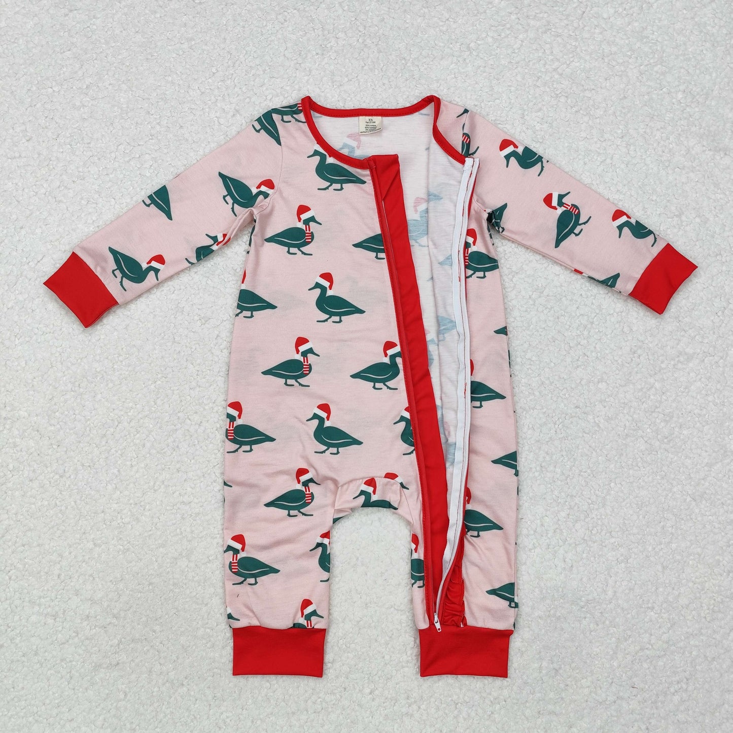 LR1862 Baby Infant Girls Christmas Ducks Zip Bamboo Long Sleeve Romper