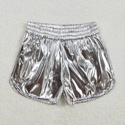 SS0416 Baby Girls Silver Pocket Leather Elastic Bottom Shorts