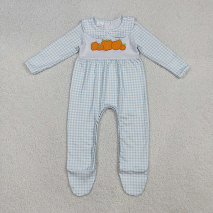 LR2560 Embroidery Baby Girls Light Blue Plaid Pumpkins Fall Footed Romper C9.19