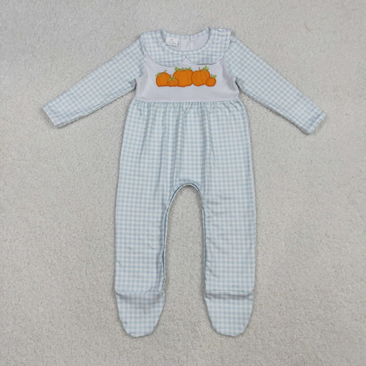 LR2560 Embroidery Baby Girls Light Blue Plaid Pumpkins Fall Footed Romper C9.19