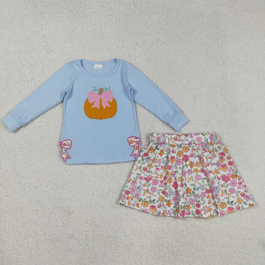 GLD1172 Embroidery Baby Girls Blue Long Sleeves Bows Pumpkin Top Flowers Skorts Set C8.30