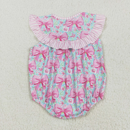 SR3089 Embroidered Baby Girls Pink Flutter Sleeves I Love Dad Bows Floral Ruffle Romper 5.16