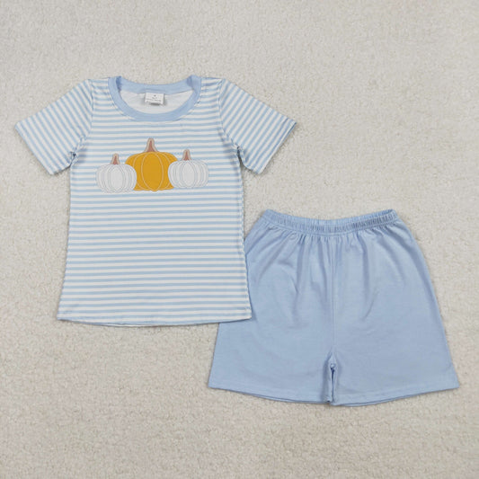 BSSO1548 Baby Boys Blue Stripes Pumpkins Top Shorts Fall Set C10.14