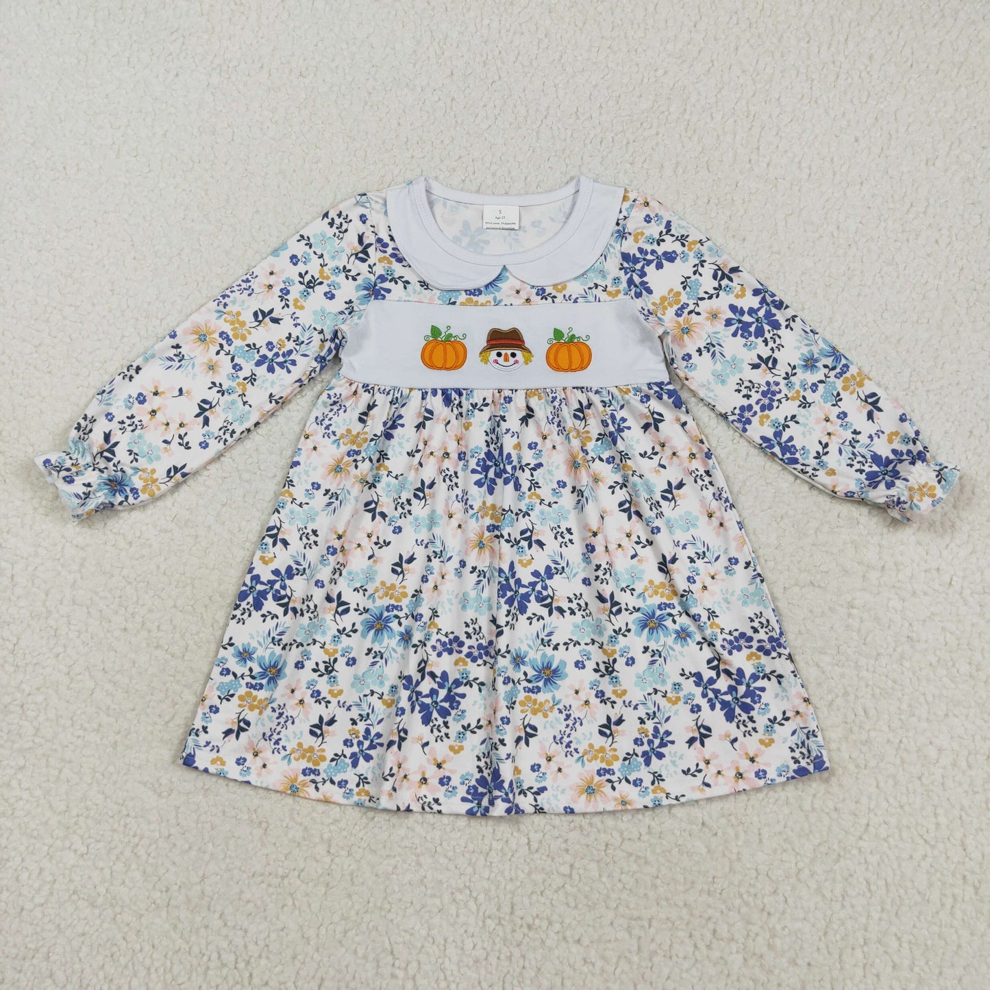 GLD1071 Embroidery Floral Pumpkins Baby Girls Long Ruffle Sleeves Fall Knee Length Dress C8.22