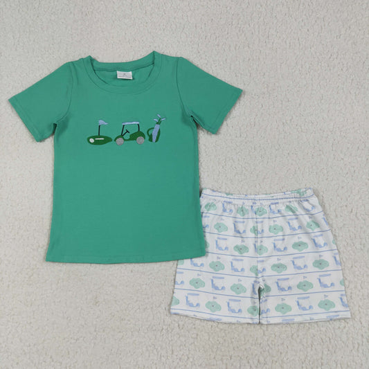 BSSO1540 Embroidery Baby Boys Green Short Sleeves Golf Truck Top Short Set 7.1