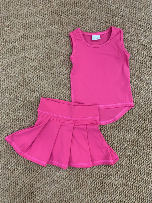 GT0982+GLK0079 Baby Girls Hot pink Sleeveless Vest Shirt Pleated Skorts Yoga Active Set 6.6
