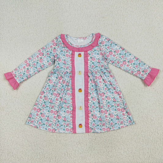 GLD1053 Embroidery Baby Girls Long Ruffle Sleeves Floral Turkey Pumpkins Knee Length Dress 6.21