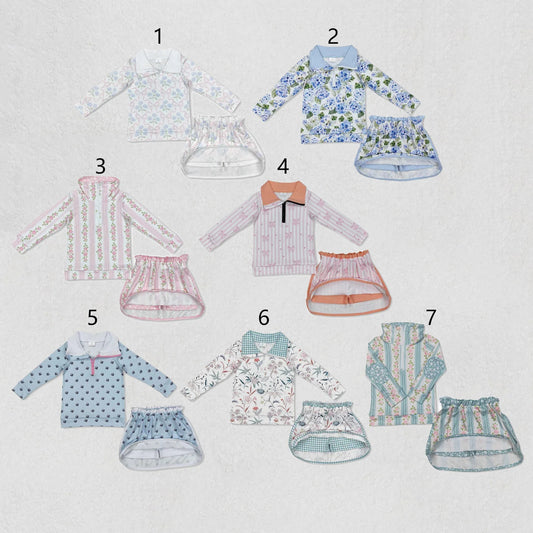 7 Colors Sibling Baby Girls Flowers Bows Zip Top Skirt Skort Bottoms Sets 5.1