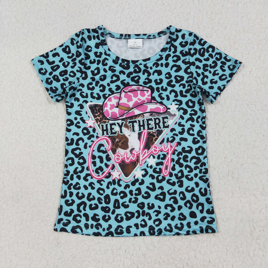 GT0934 Baby Girls Leopard Hey Cowboy Short Sleeve Tee Shirts Tops 6.24