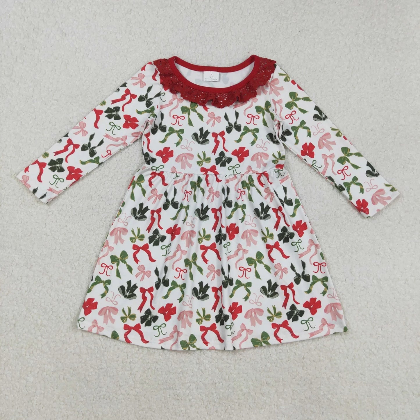 Sibling Baby Girls Green Red Bows Long Sleeves Christmas Knee Length Dresses C9.4