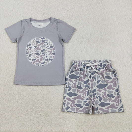 BT1430+SS0730 Baby Girls Light Grey Camo Baseball Top Pockets Short Team Clothes Set C12.8