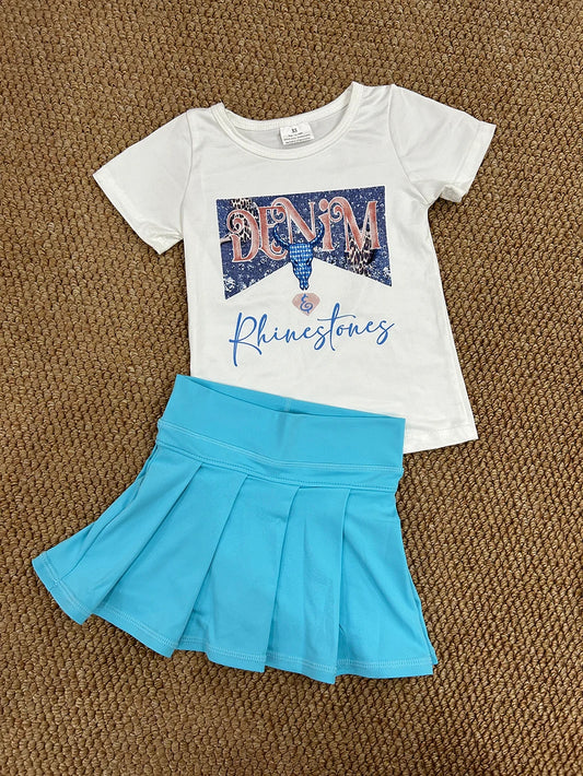 GT0133+GLK0082 Baby Girls Western Rhinestone Shirt Aqua Pleated Skorts Yoga Active Set 6.6
