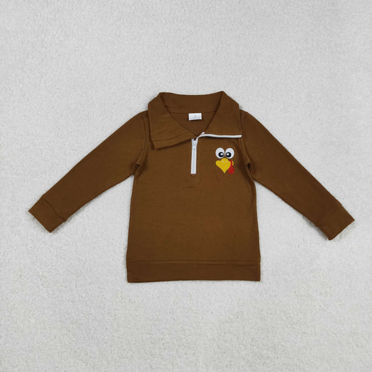 BT1265 Embroidery Baby Boys Brown Long Sleeves Zipper Turkey Polo Shirts Top C9.1