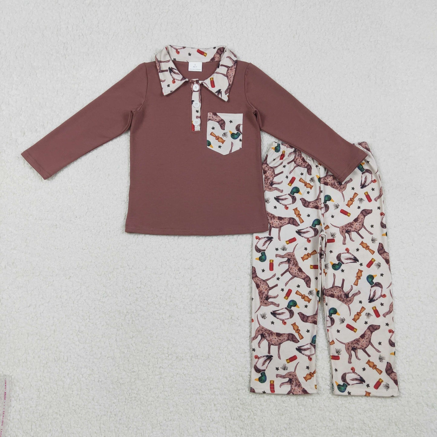 BLP1229 Baby Boys Brown Button Pocket Top Ducks Dogs Pant Hunting Set C11.29