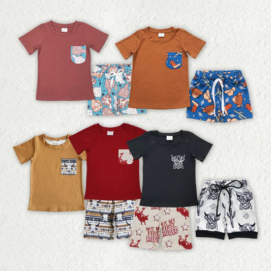 Sibling Baby Boys Western Cow Pocket Top Shorts Clothes Sets 4.15